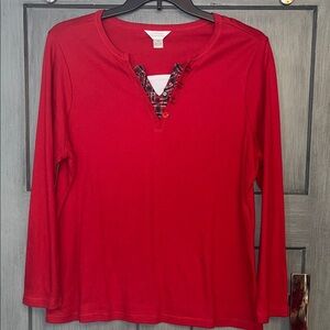 CJ Banks 1X Women’s Red Long Sleeve Top with Plaid Accent #festive #plaid